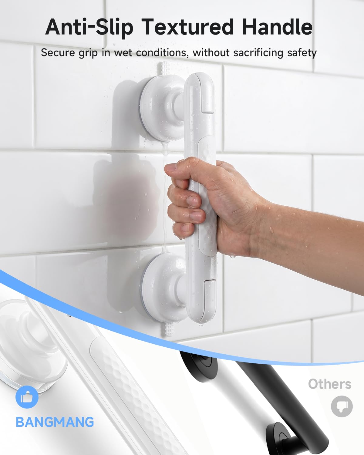 Mango de ducha con succión mejorado con antideslizante, paquete de 2 barras de agarre para ducha y baño, pasamanos de agarre de seguridad extraíbles resistentes para bañeras, sin taladrar y