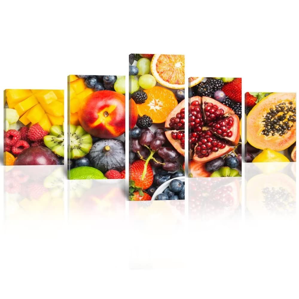 Wall HDQ Colorful Fruit Wall Art Tasty Vegetables Fruits Canvas Wall Decor 5 Panels Modern Painting Photos Still Life Prints Paintings for Dining Room Home Decoration (70''Wx40''H)