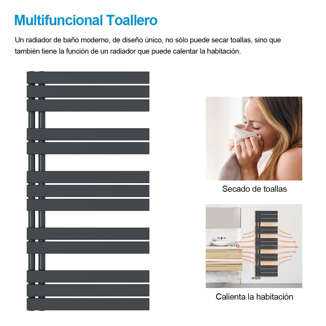 Heilmetz - Radiatore elettrico per asciugamani, 500 x 1176 mm, design a tubo piatto, lato riscaldante su un lato, colore: antracite, perfetto per il bagno