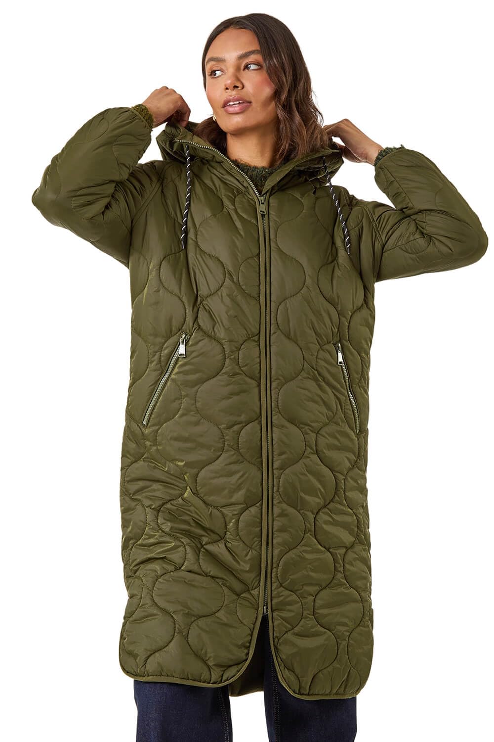 Roman Women's Khaki Fleece Quilted Hooded Coat In Size 12