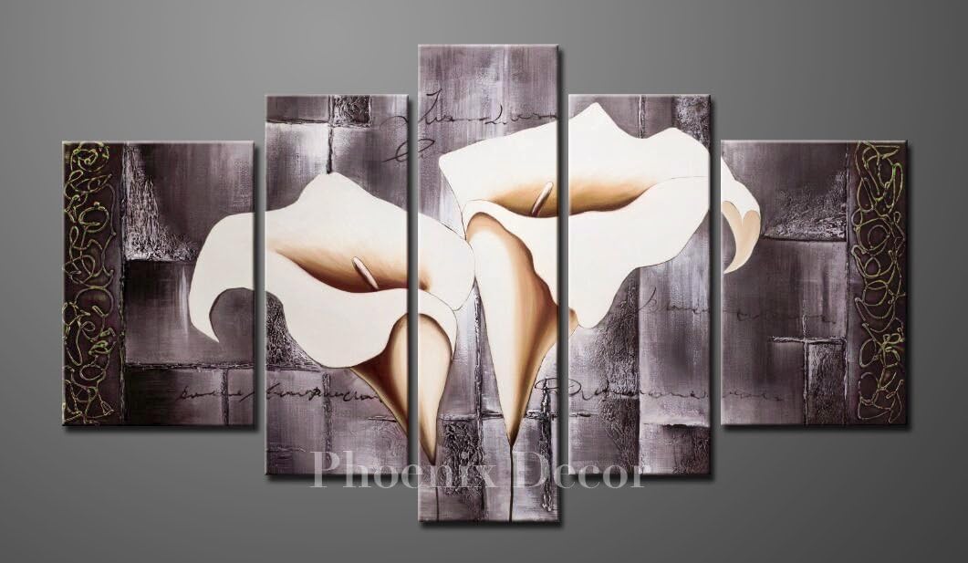 Phoenix Decor-100% Hand-painted Wood Framed Brown Lily Fashion Flower Home Decoration Abstract Landscape Oil Painting on Canvas 5pcs/set Mixorde