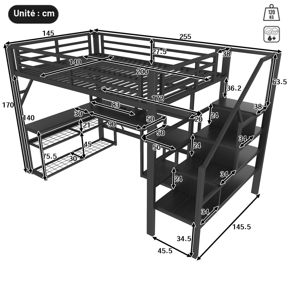 Sapgaks Lit Mezzanine 1 Place Enfant 140 x 200 cm avec éclairage LED et Port USB,lit Mezzanine avec Bureau lit superposé Enfant,lit Mezzanine escalier avec Espace de Rangement,Noir