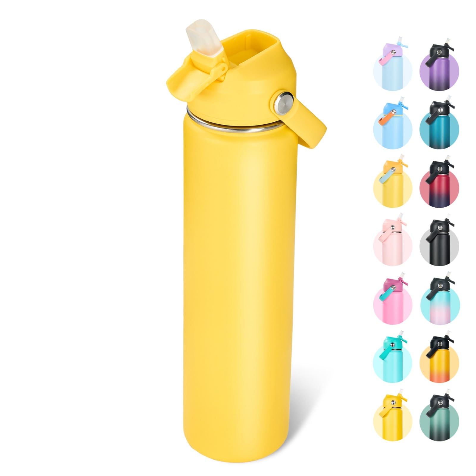 Fijinhom 24oz Insulated Stainless Steel Water Bottle, Wide Mouth Double Wall Vacuum, Silicone Straw, Sweat &amp; Leak Proof, BPA Free Insulated Water Flask for Travel, Keep Cold 24h Hot 12h, Yellow
