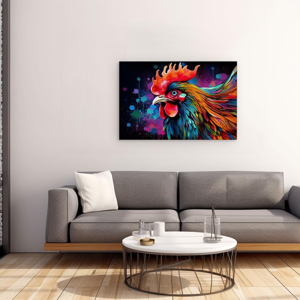 Canvas for Living Room. A Symphony of Hues: The Vivid Rooster Against The Night's Canvas, 27 x 18 inch Canvas Wall Art - Contemporary Masterpieces - Modern Home Decor