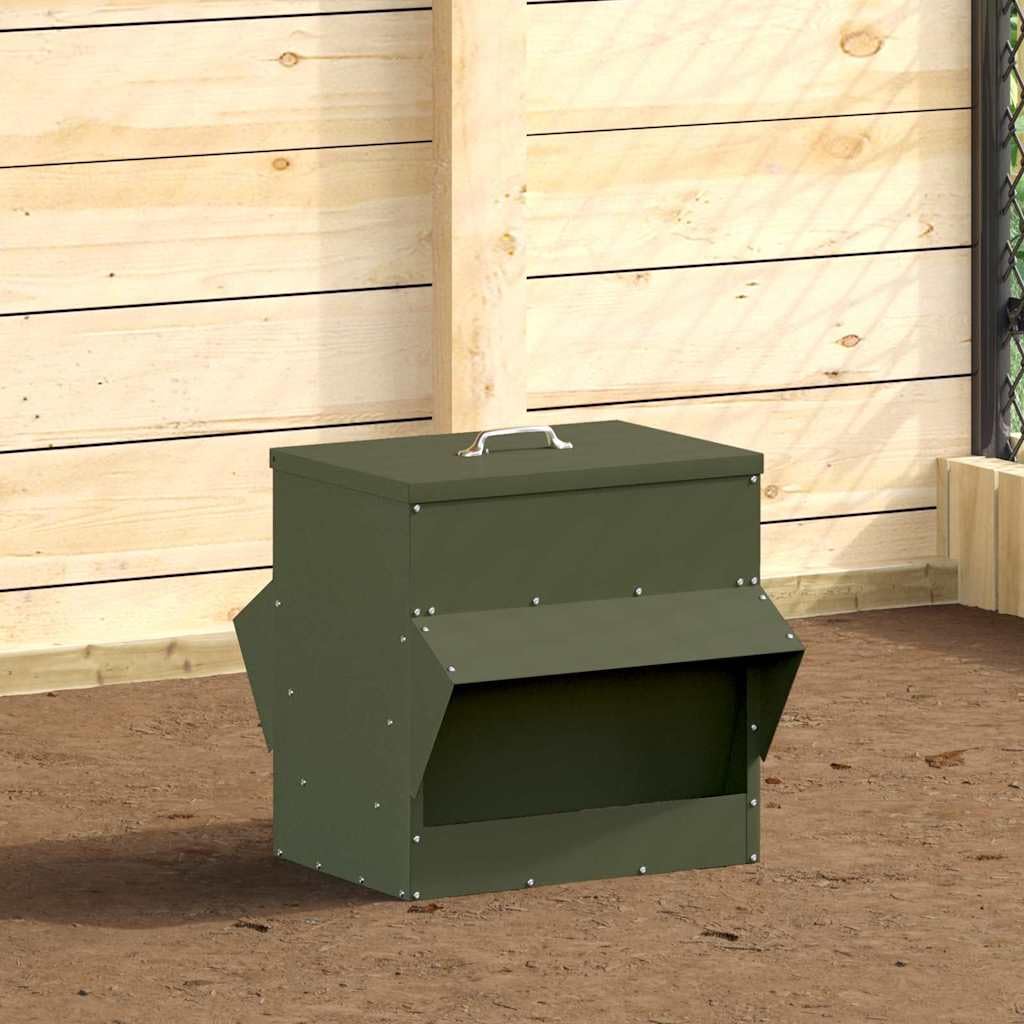 Comedero para gallinas, color verde oliva, 40,5 x 45 x 41 cm, acero laminado en frío