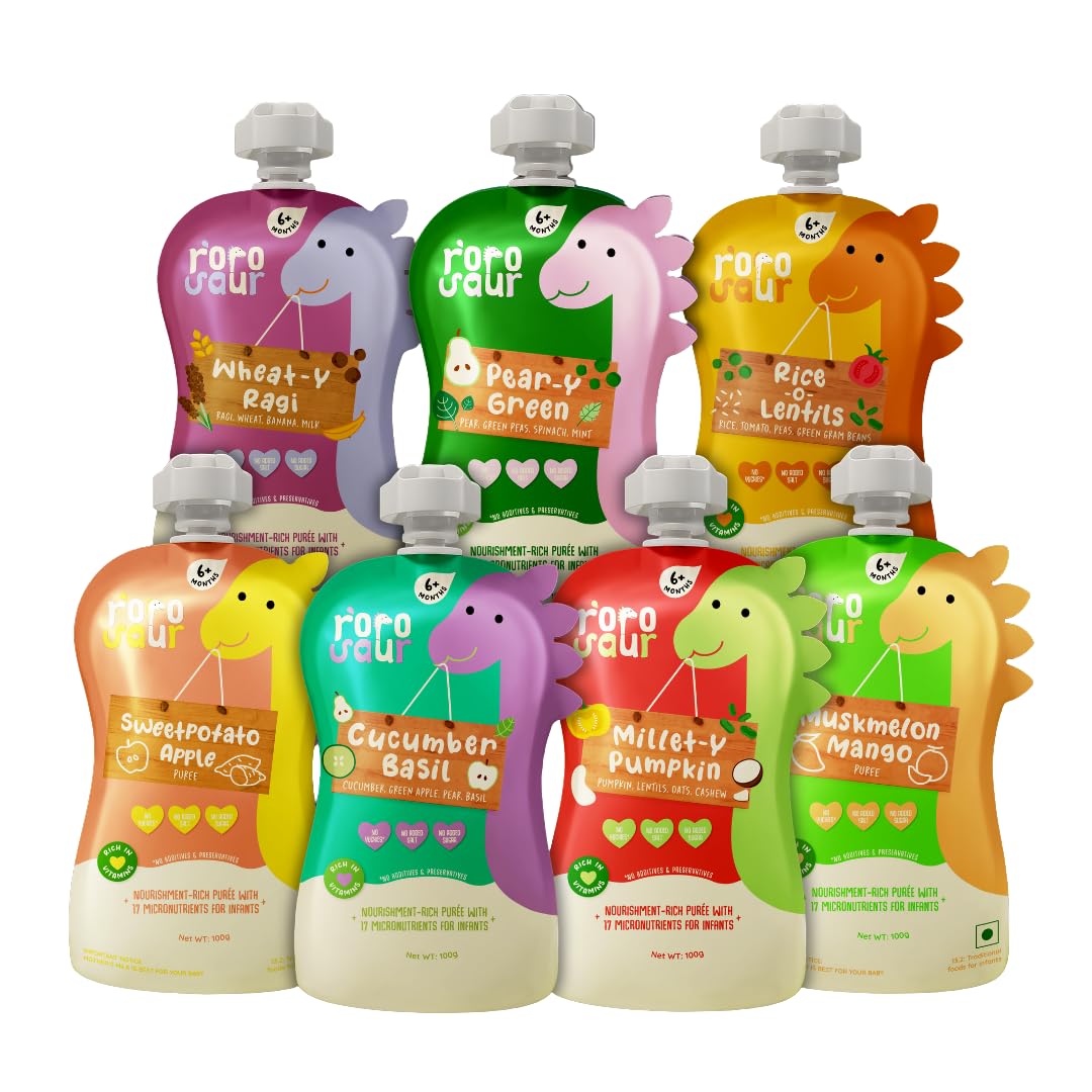 Rorosaur Baby Food Puree Pouch Trial Pack for 6+ Months | Ready to Eat Grain based Purees and Fruit & Veggie Purees | 100% Natural Healthy, No Preservatives, No Sugar, No Salt | 100g each, Pk of 7