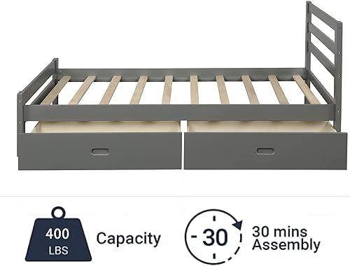 Miniatura 6 de RIDFY Cama de plataforma de madera de tamaño individual con 2 cajones, marco de cama de plataforma moderna con cajón de almacenamiento, muebles de