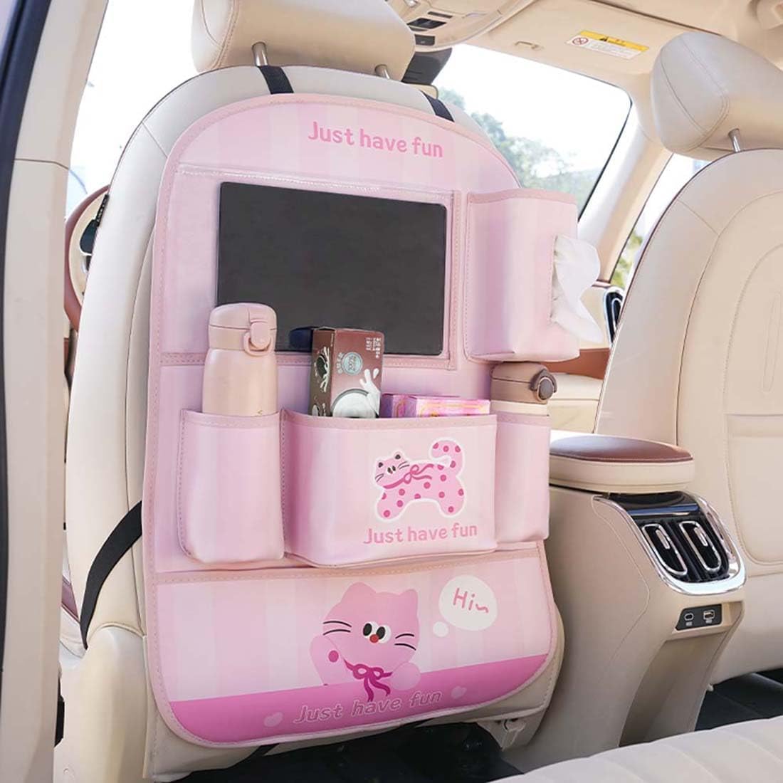 YUNZLAN Cute Panda Leather Car Backseat Organizer 1 Pack Car Seat Back Protectors with Clear 10" Tablet Holder + 4 Storage Pockets