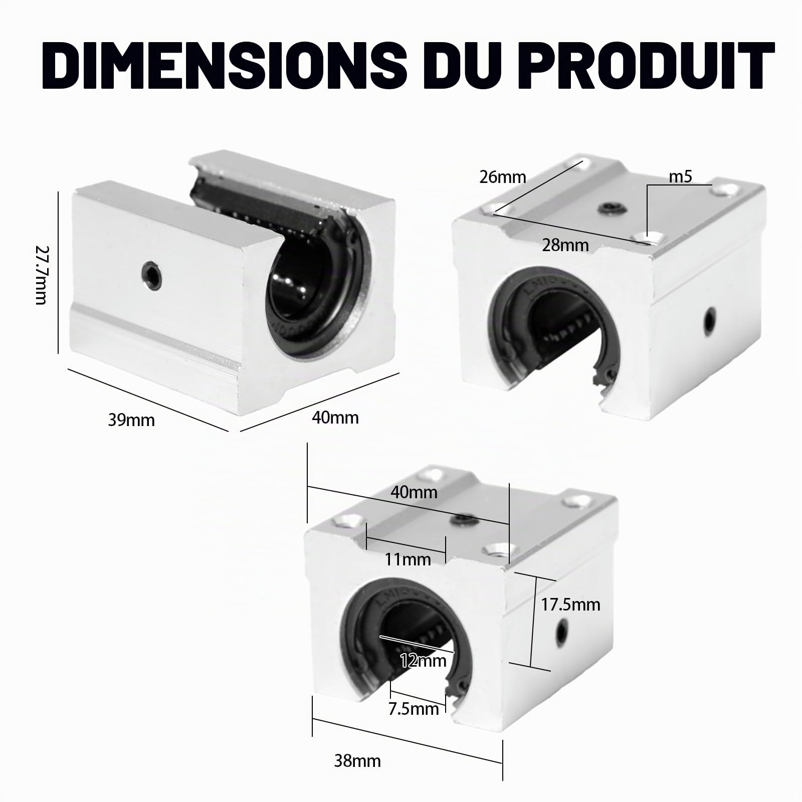 4 Pièces Bloc Linéaire de Glissière à Roulement SBR12UU Roulement à Billes Linéaire Bloc Coulissant en Aluminium pour CNC, Imprimante 3D et Machine de Gravure