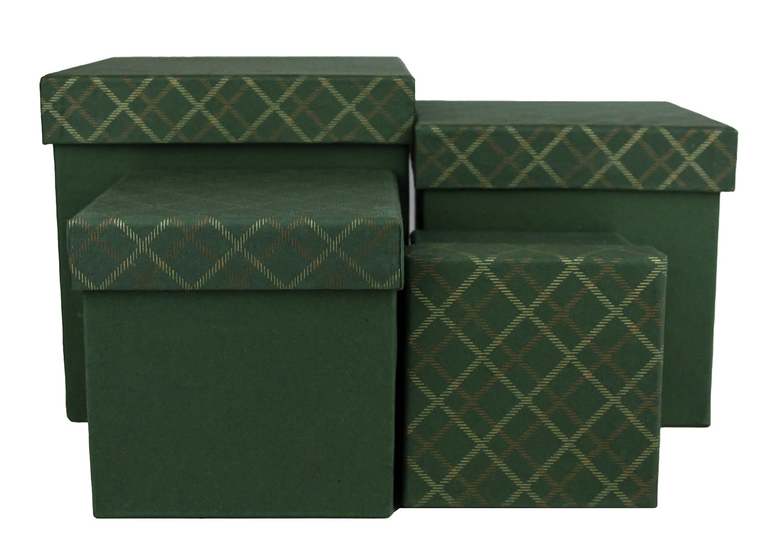 Emartbuy Set of 4 Rigid Square Shaped Presentation Handmade Cotton Paper Gift Box, Chequered Green, Green Interior