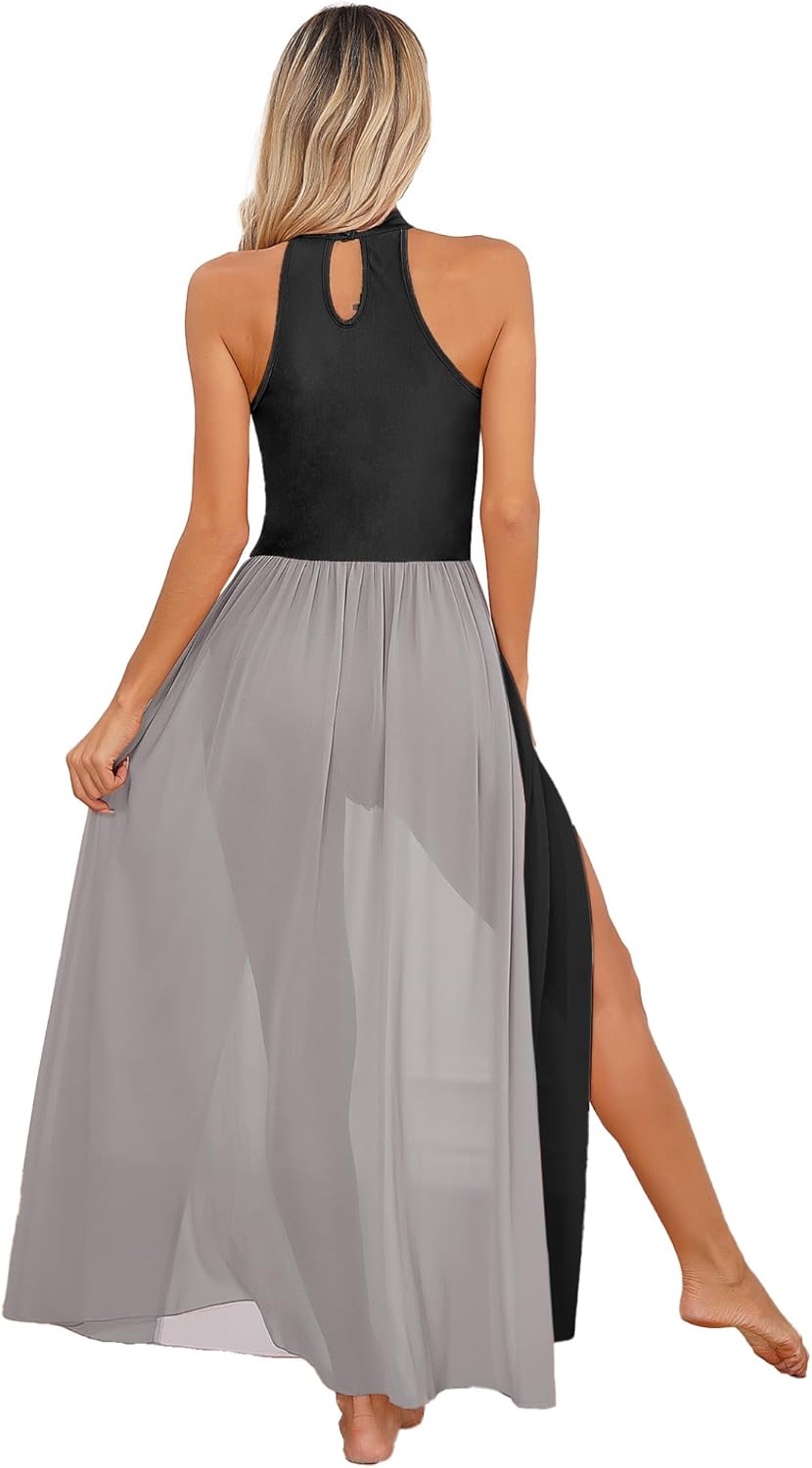 Women Lyrical Modern Contemporary Dance Costume Leotard Color Block Sleeveless Split Tulle Skirt Flowy Overlay Dress F1009Black XX-Large