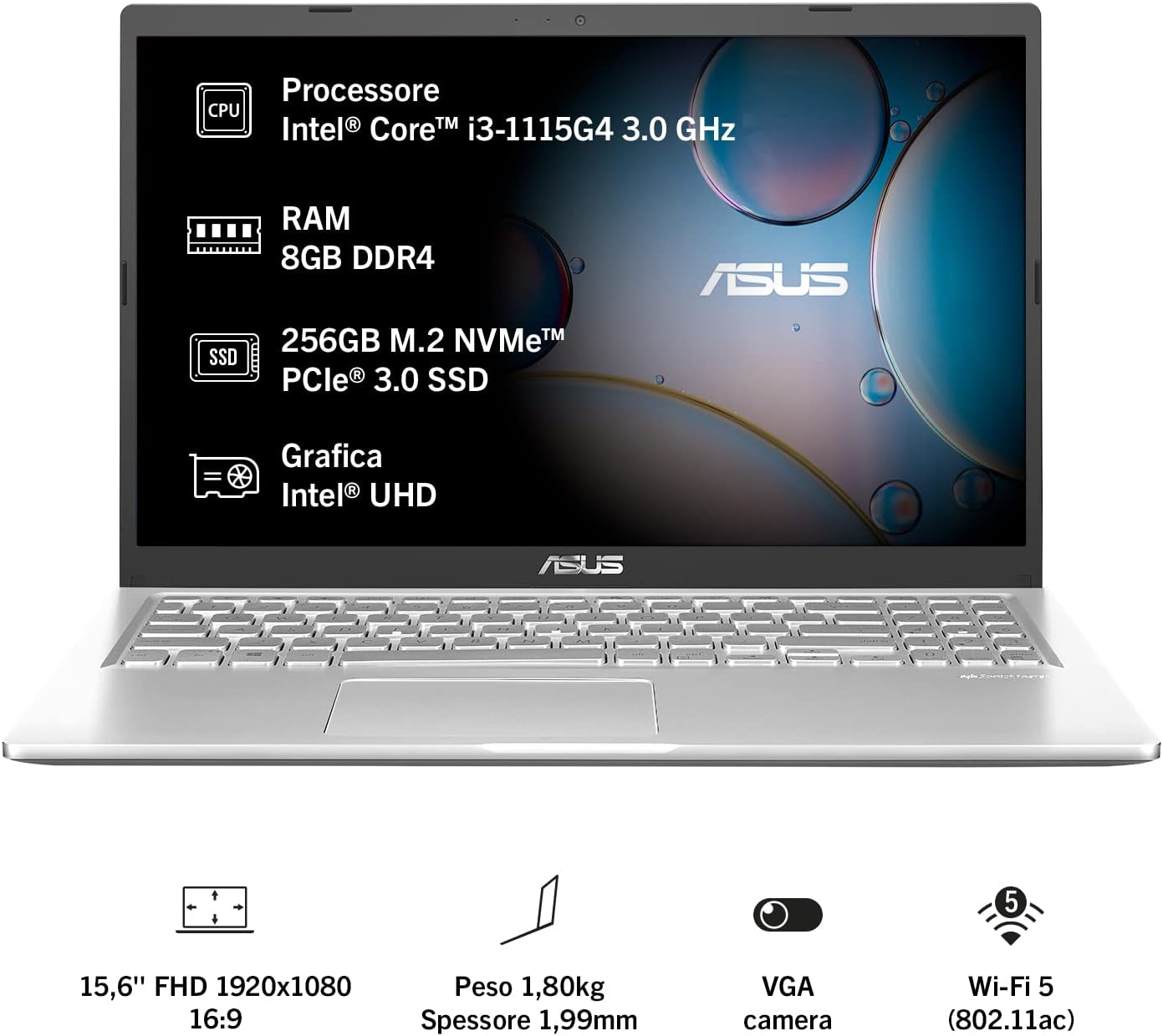 ASUS F515EA#B0BSH3RDCC, Notebook da 15,6 Anti-Glare, Intel Core 11ma gen i3-1115G4, RAM 8GB, 256GB SSD PCIE, Grafica Intel Iris Xe, Windows 11 Home S, Argento ASUS F515EA#B0BSH3RDCC, Notebook da 15,6 Anti-Glare, Intel Core 11ma gen i3-1115G4, RAM 8GB, 256GB SSD PCIE, Grafica Intel Iris Xe, Windows 11 Home S, Argento