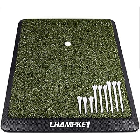CHAMPKEY Premium Synthetic Turf Golf Hitting Mat | Heavy Duty Rubber Base Golf Practice Mat | Come with 1 Rubber Tee and 9 Plastic Tees (13" x 17", PRO Version) Cover