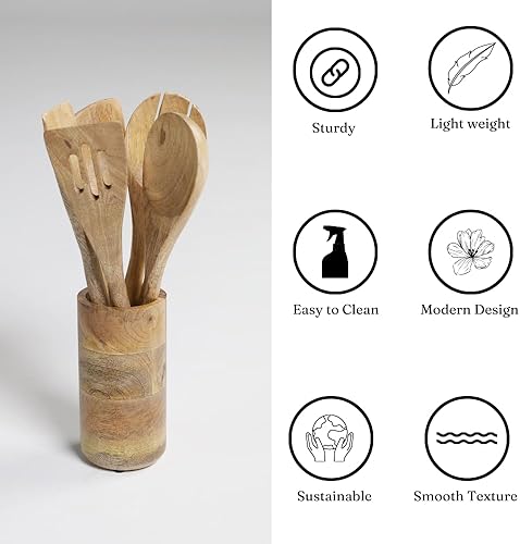 Miniatura 3 de The Art Box Cucharas de madera para cocinar, 5 cucharas de cocina antiadherentes de madera de acacia natural, cuchara de espátula, juego de