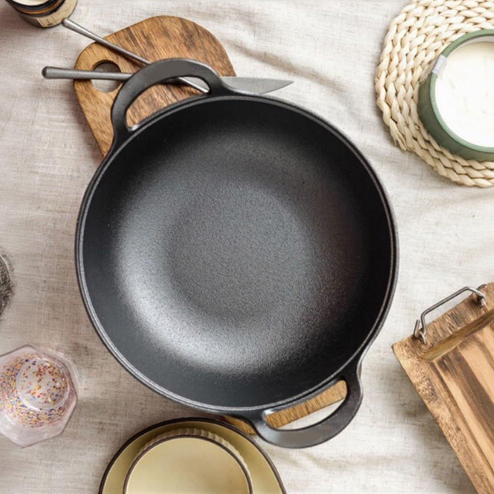 Wok sin revestimiento para hierro fundido con tapa de madera – Base plana para inducción, sartén de 25 cm