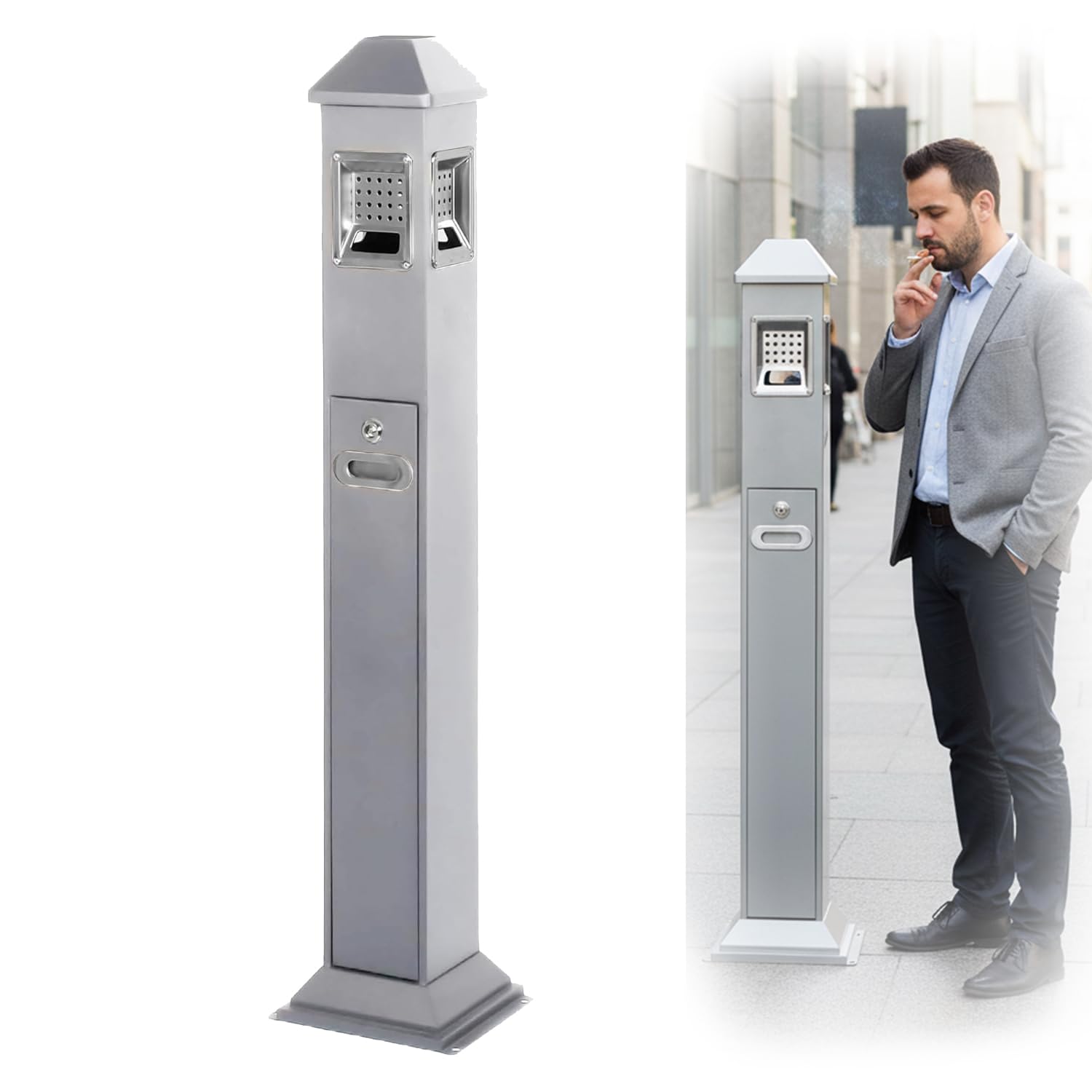 Cubo de basura vertical de acero inoxidable con 4 entradas, 120 cm, para exteriores, con cierre