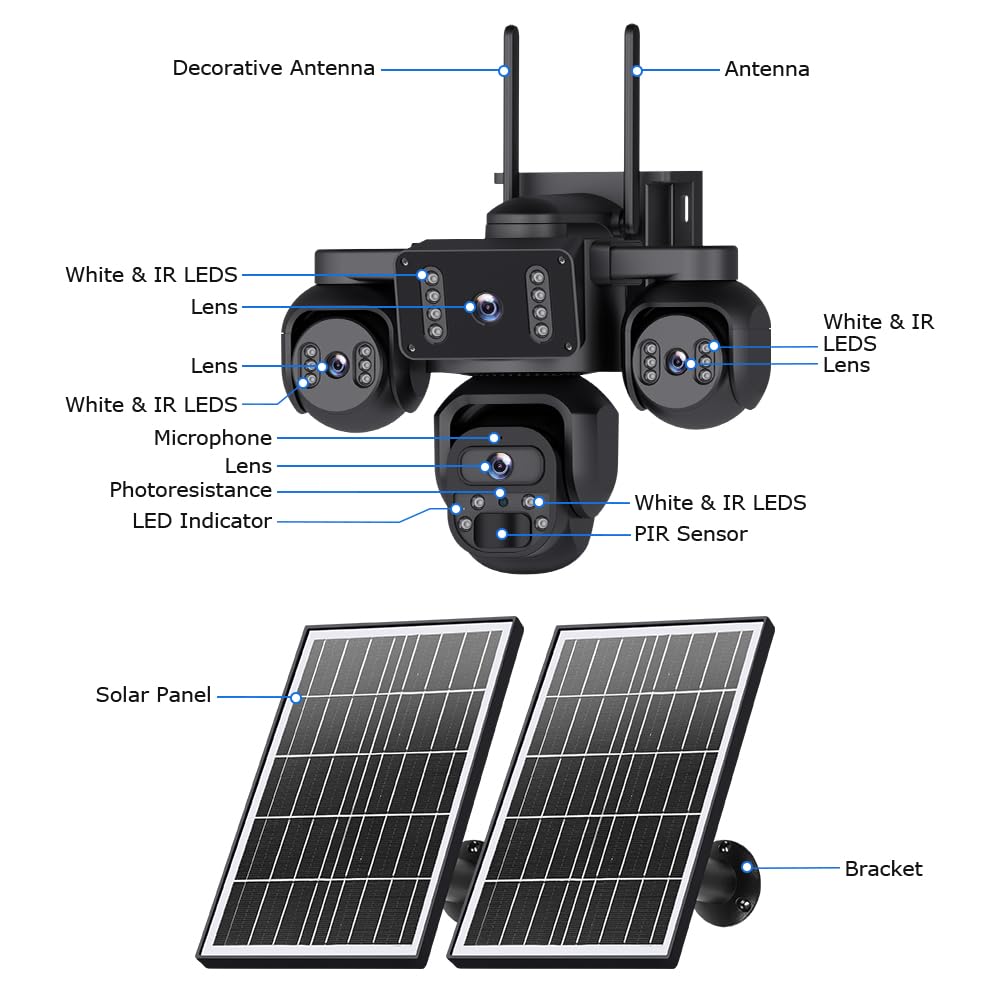 SHIWOJIA 4G AOV Cámara solar 【Cuatro objetivos】 con tarjeta SIM 20100mAh cámara exterior inalámbrica, detección de persona 20MP HD, independiente con batería grabación continua 24/7, visión nocturna