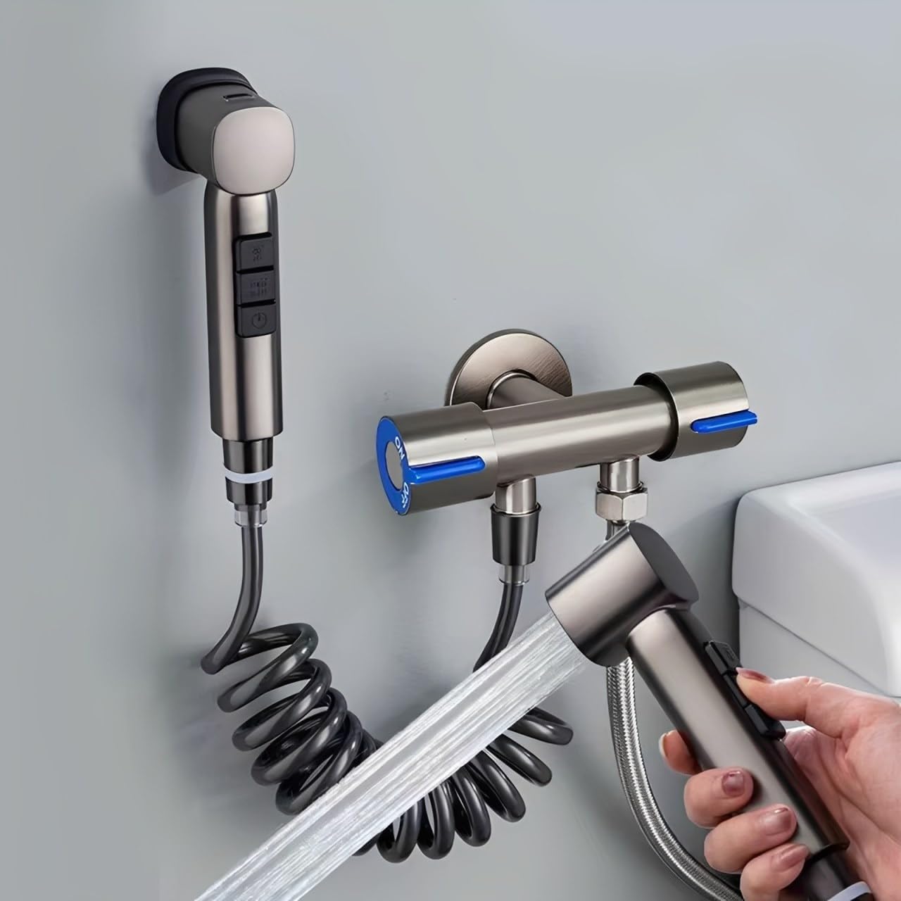 Ducha Higienica para WC con Base Magnética, Pulverizador de bidé de Mano con 2 Modos, Grifo Bidet para WC Válvula Doble, Tubo Telescópico de 2m, Agua Fría Baño de Mascotas, Higiene Personal