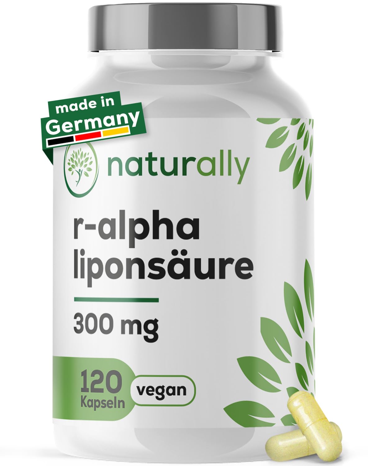 naturally R-Alpha-Liponsäure Kapseln 300 mg hochdosiert – alpha lipoic acid | Reine natürliche R-Form ALA, 300 mg pro Kapsel, 120 Kapseln, vegan, ohne Zusätze, Made in Germany