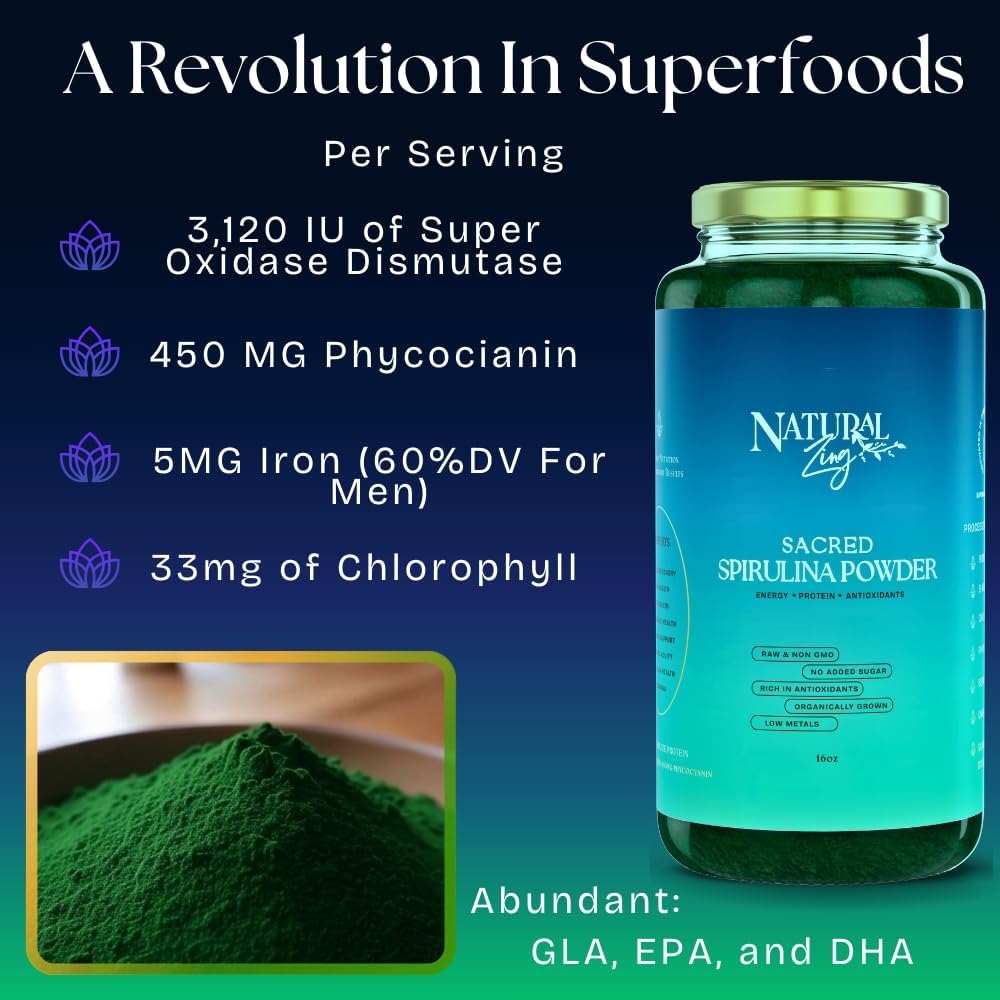 NaturalZing - 100% Pure Organic Spirulina Powder| Non-GMO | Daily Greens | Vegan Superfood Protein & Antioxidant Support – Rich in Phycocyanin, Beta Carotene & Iron - 16 oz of Powder