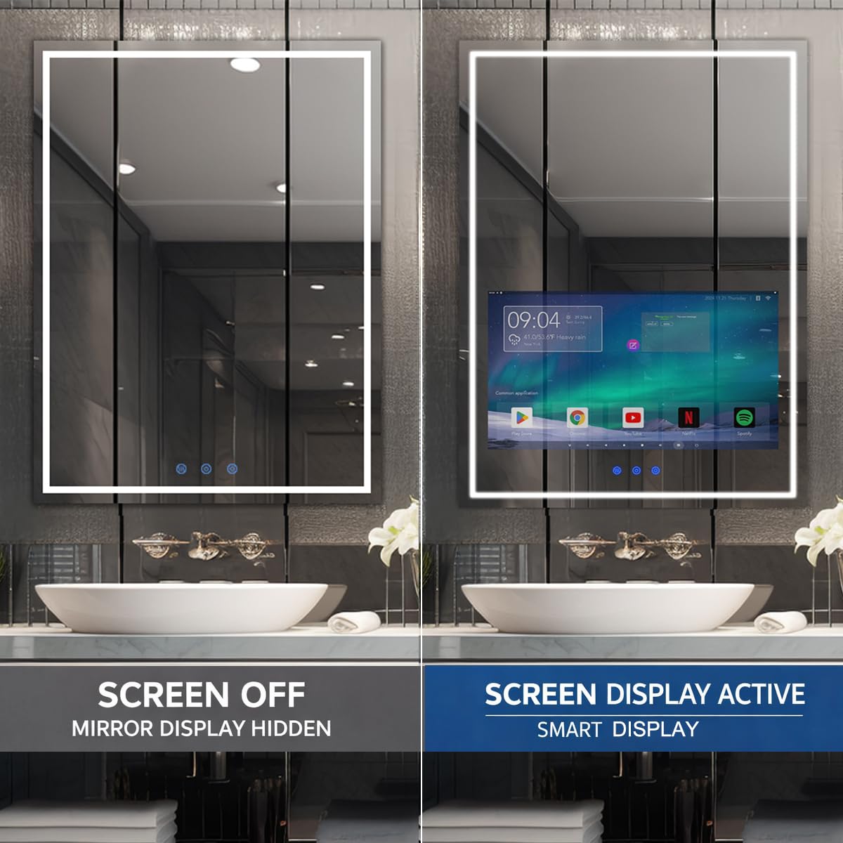 Haocrown 800x600 mm LED-Hintergrundbeleuchtung, Badezimmer-Spiegel, IP66, wasserdicht, Wandmontage, Make-up-Spiegel mit 21.5 Zoll Touchscreen, integrierte Lautsprecher und WLAN, Bluetooth