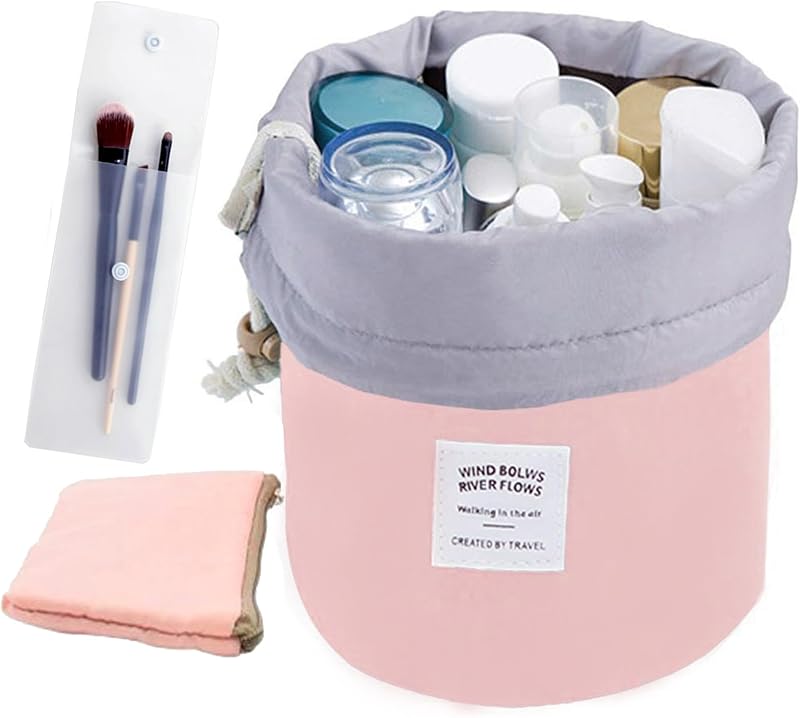 Necessaire de maquiagem INVODA com cordão, modelo bucket, rosa