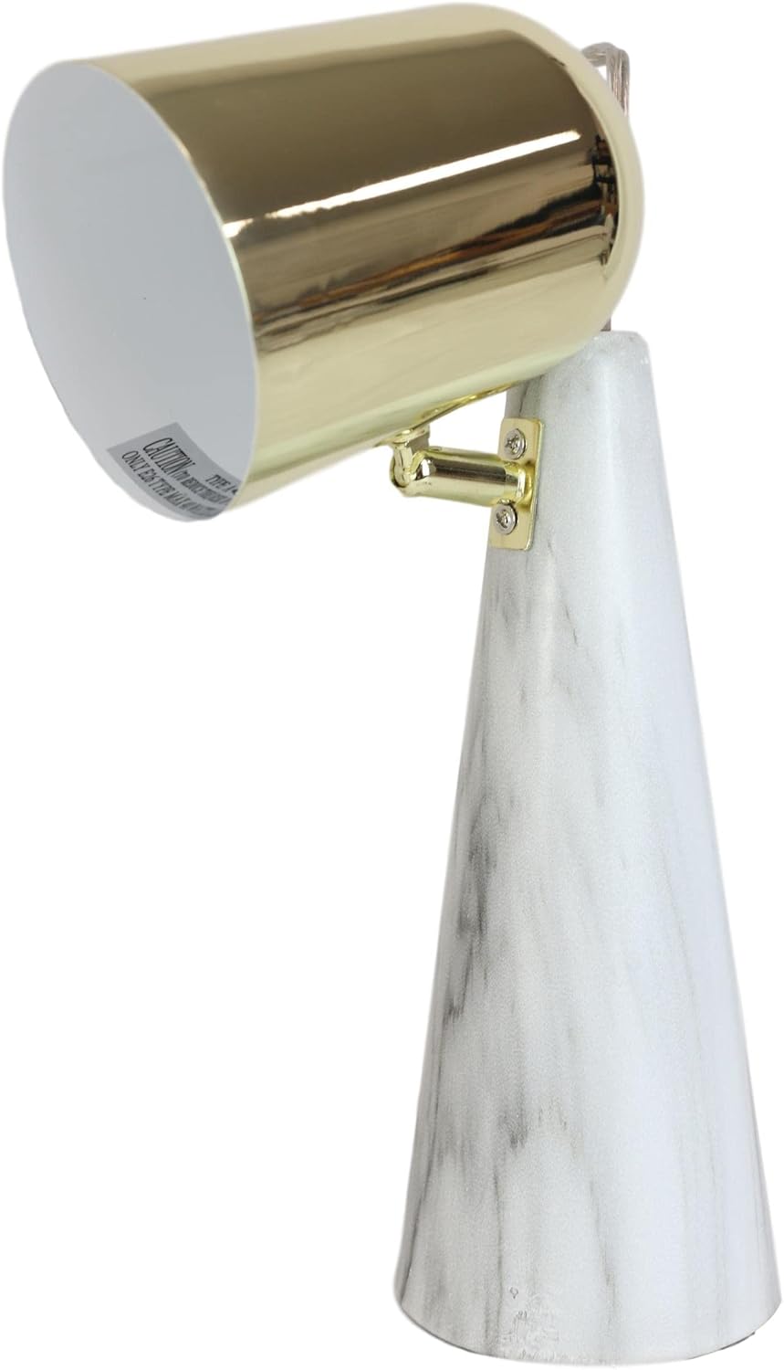 Ebros Gift Ceramic Contemporary Cone Desk Study Lamp with Faux Carrara Marble Base and Adjustable Brass Gold Finished Metal Cylindrical Shade 15" Tall