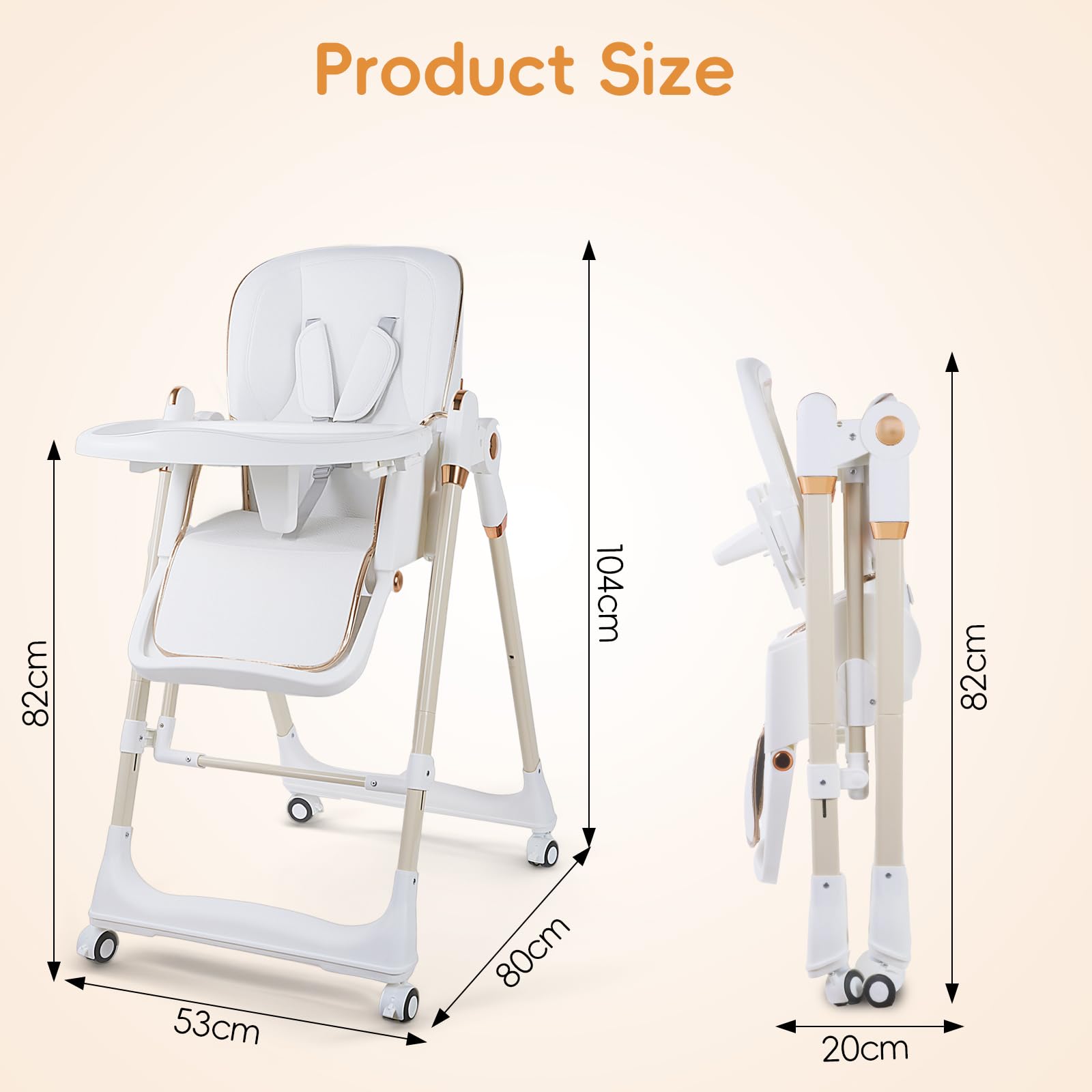 Seggiolone Pappa, Ergonomico, Confortevole, Regolabile, Pieghevole, Ripiano Smontabile, per Bambini, 6 Mesi - 3 Anni, 80x 53 x104cm (Bianco)