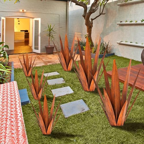 Image of KODIBO 24 inch Metal Agave Plant Outdoor Decor, Large Garden Sculpture, Rusty
