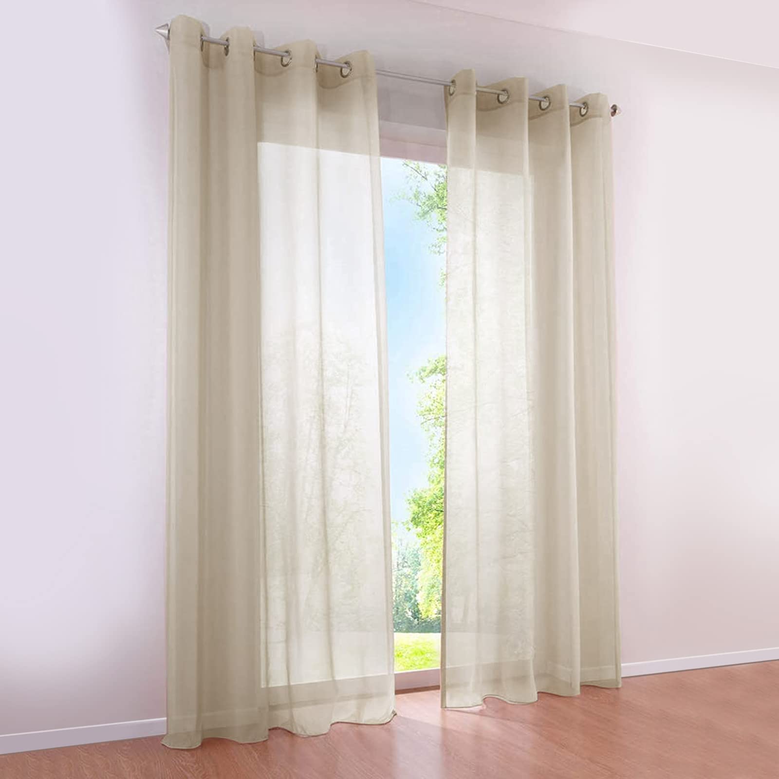 SIMPVALE 2 Panels Curtains Sheer Voile Eyelet Curtains Semi Transparent for Windows Balcony Living Room (Width 140cm/Height 145cm, Khaki) — image 1
