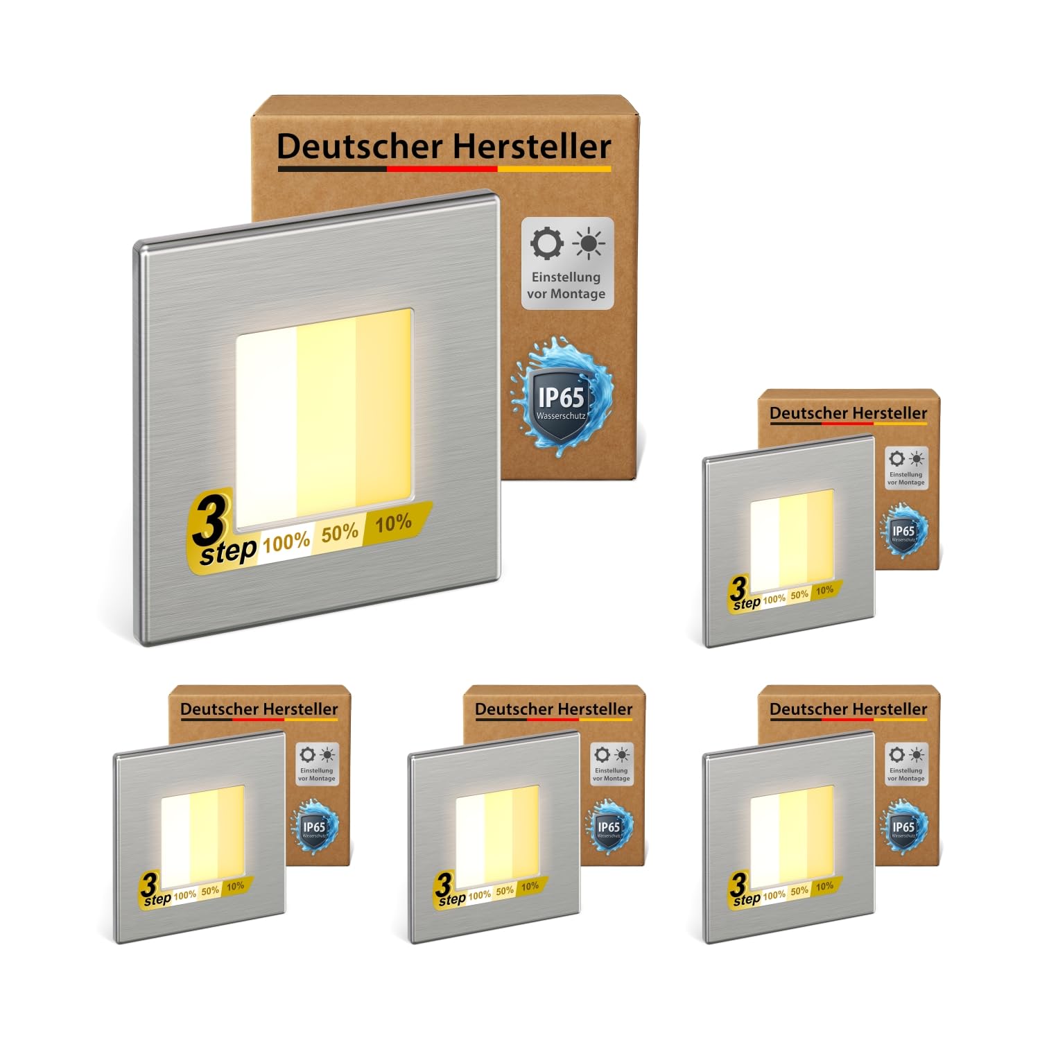 ledscom.de 5x LED Treppenlicht/Wandeinbauleuchte FEMA für innen und außen, eckig, edelstahl, 80 x 80mm, warmweiß