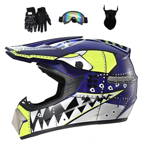 Senhill Motocross Helmet Dirt Bike Helmet Shark Pattern Atv Street Motorcycle Helmet With Gloves Goggles Mask For Unisex Youth Kids Dot/Fmvss 218 Approved (Blue, L) #TOP7
