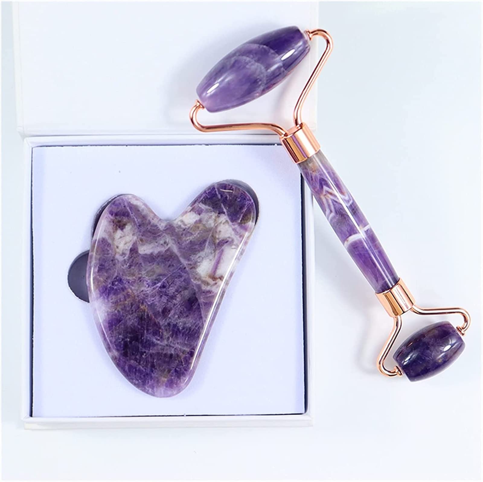 Amatista Piedra en bruto Cuidado de la cara Herramienta de masaje Rodillo de amatista Juego de masaje Gua Sha Masajeador de jade de cristal natural Facial Cuerpo Cuello Piel Belleza Desintoxicación In