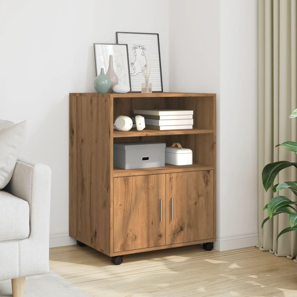 Brokky Armadietto con Ruote Rovere Artigianale 60x48x81 cm Truciolato-Carrello Porta Stampante,Mobiletto con Ruote,Supporto per Stampante in Legno,Classificatore per Documenti per Studio,Ufficio