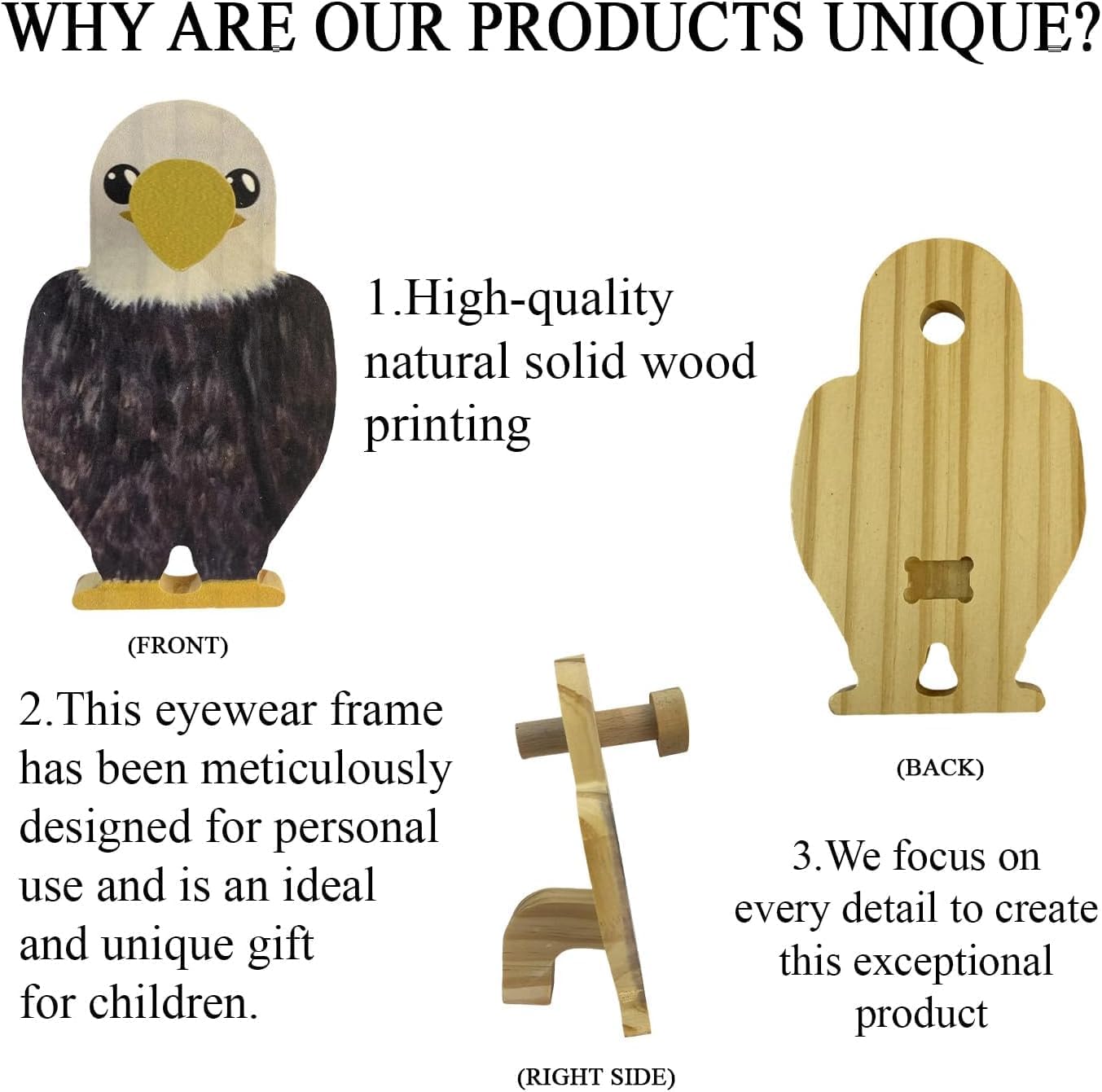 Wooden Animal Glasses Holder , Newsukie - Cute Solid Pine Wood Eyeglasses Stand,Carving Sunglasses Eyeglass Display Stand,Newsukie Creative Gift Glasses Holder for Desk (Flowers Highland Cow) (Eagle)