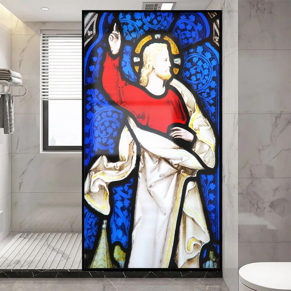 Church Style Stained Glass Window Film Decorative Privacy Non Adhesive Window Stickers for Home Office J9 40x100cm(15.7