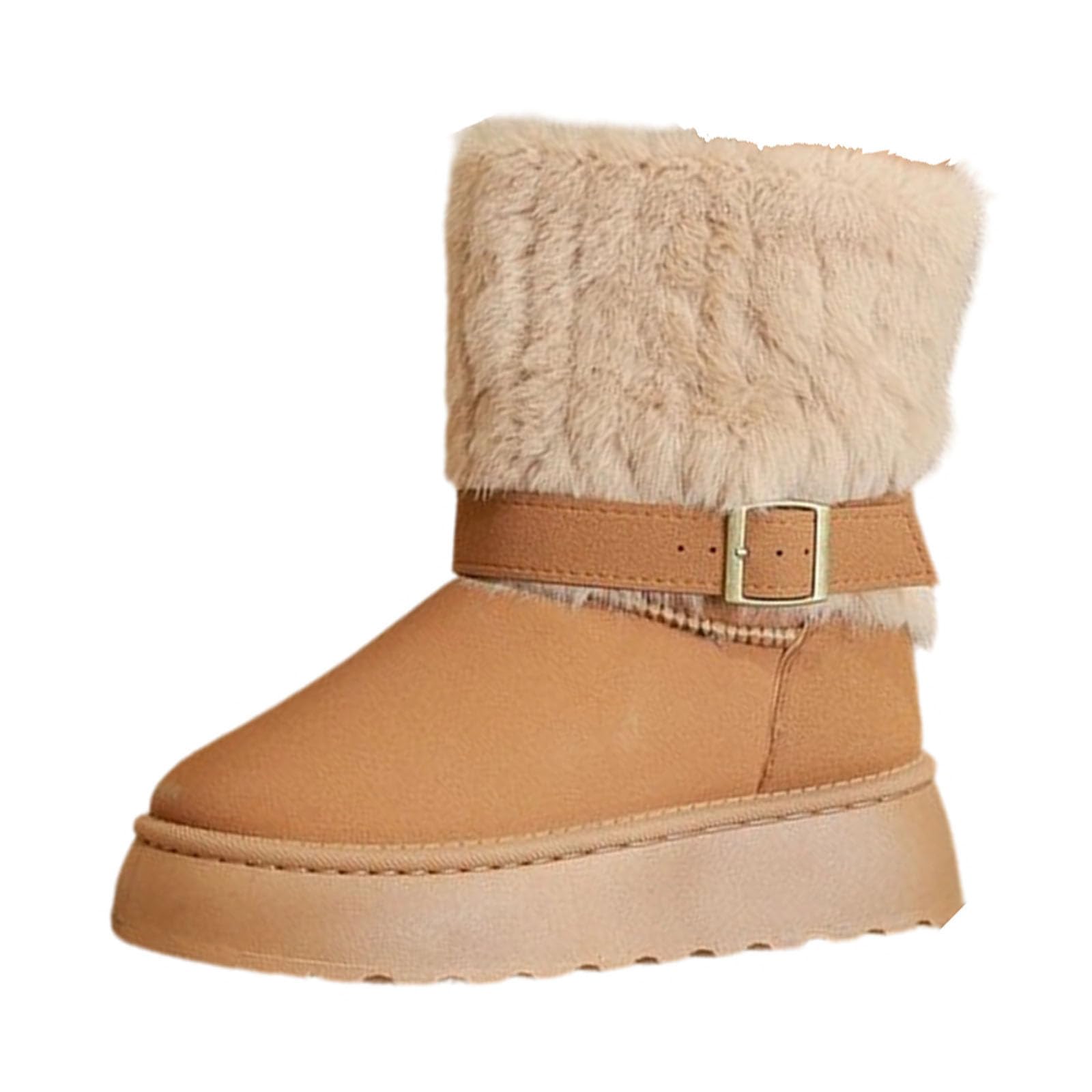 Womens Mid Calf Snow Boots Fur Lined Winter Boots Flat Heel Lug Sole Suede Warm Boot Outdoor Walking