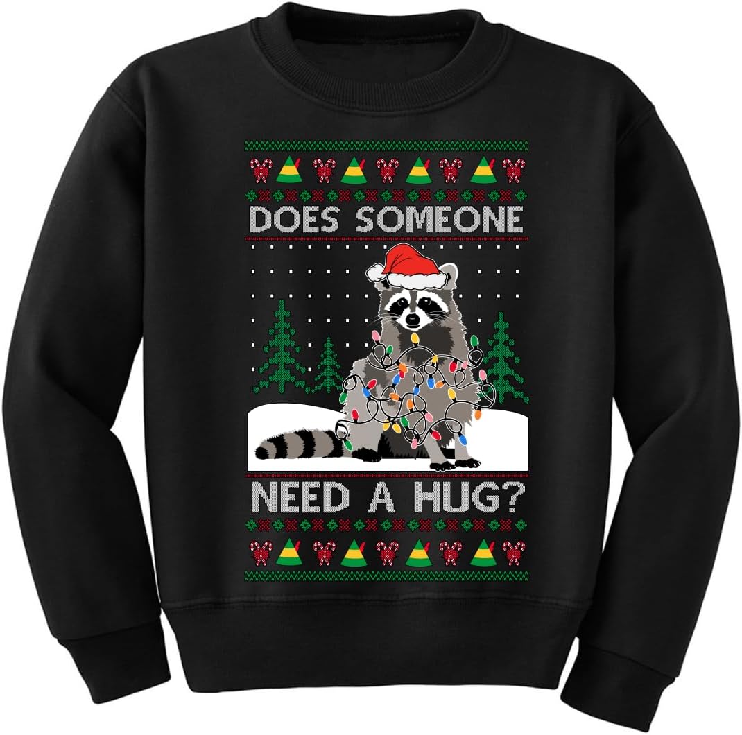 Does Someone Need a Hug? Funny Santa Trash Panda Raccoon Ugly Christmas Unisex Boys Girls Crewneck Sweatshirt
