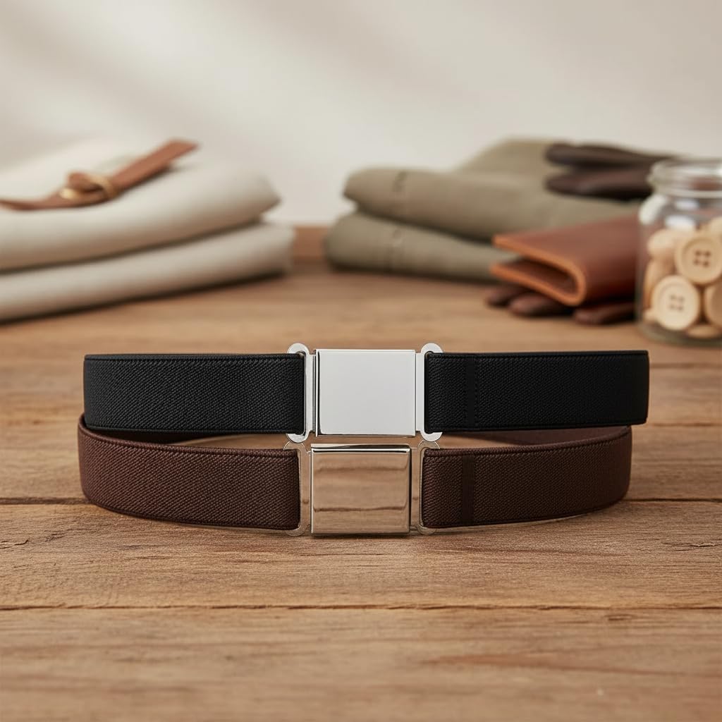 2 Pcs Black Brown Kids Magnetic Belt Adjustable Elastic Belt with Magnetic Buckle for Boys Girls