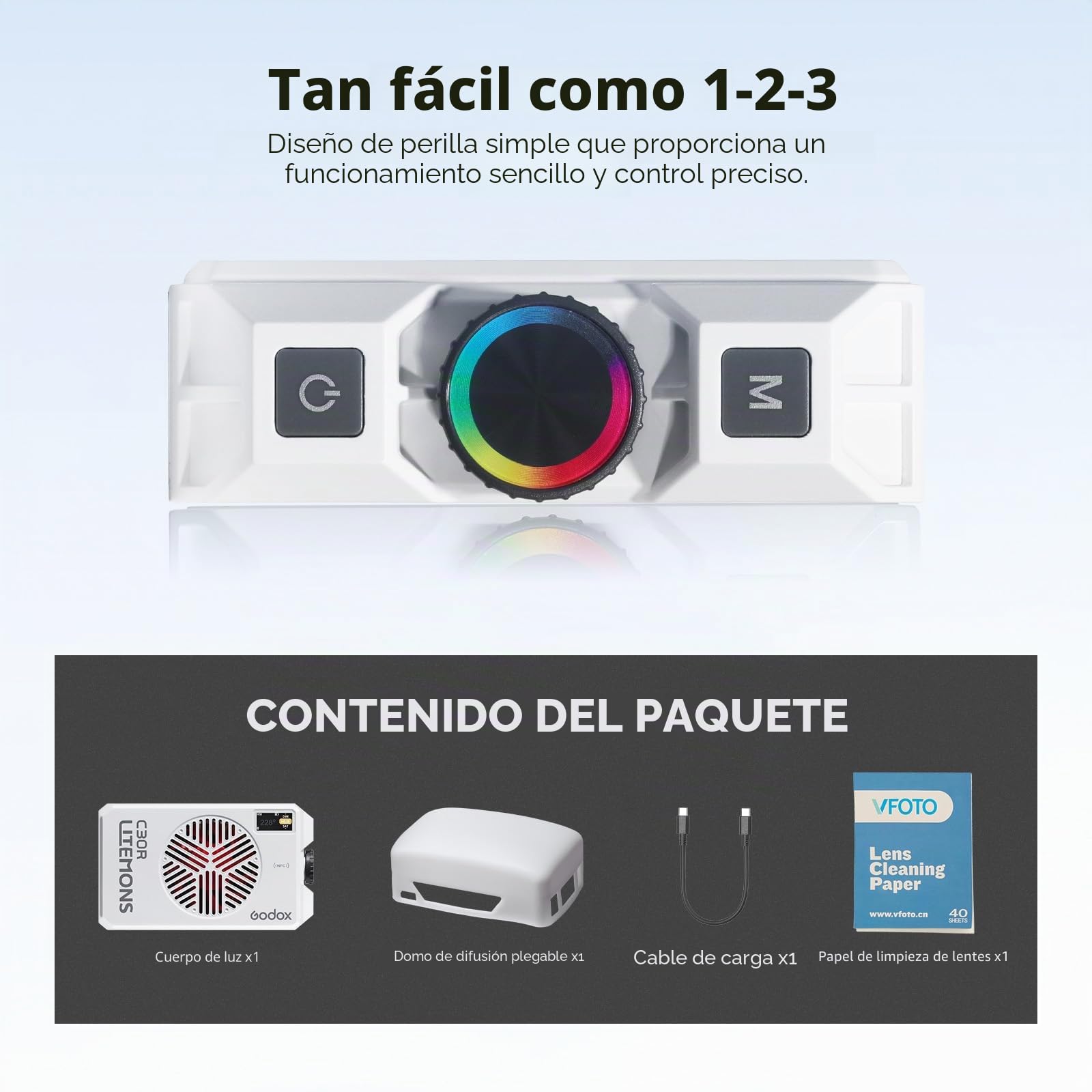 Godox Litemons C30R RGB LED Video Light 30W LED Panel Luz | 1800K-10000K a Color Completo y Modo FX, 2200LUX/Batería Integrada, Ultraportátil LED Panel Luz para Fotografía, Vlogs