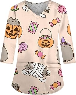Autumn Halloween Costumes for Women Halloween Print Round Neck Tops with Pocket Women's Fall 3/4 Sleeve Tops 2023 Casual Fashion Loose Shirts Fashion Graphic Shirts Ladies Pullover Comfy Blouse