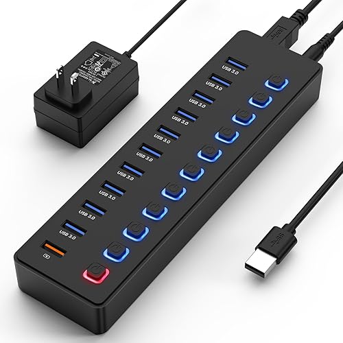 Concentrador USB, concentrador USB alimentado, divisor de concentrador de 11 puertos, 10 puertos USB 3.0 de transferencia de datos + 1 puerto de