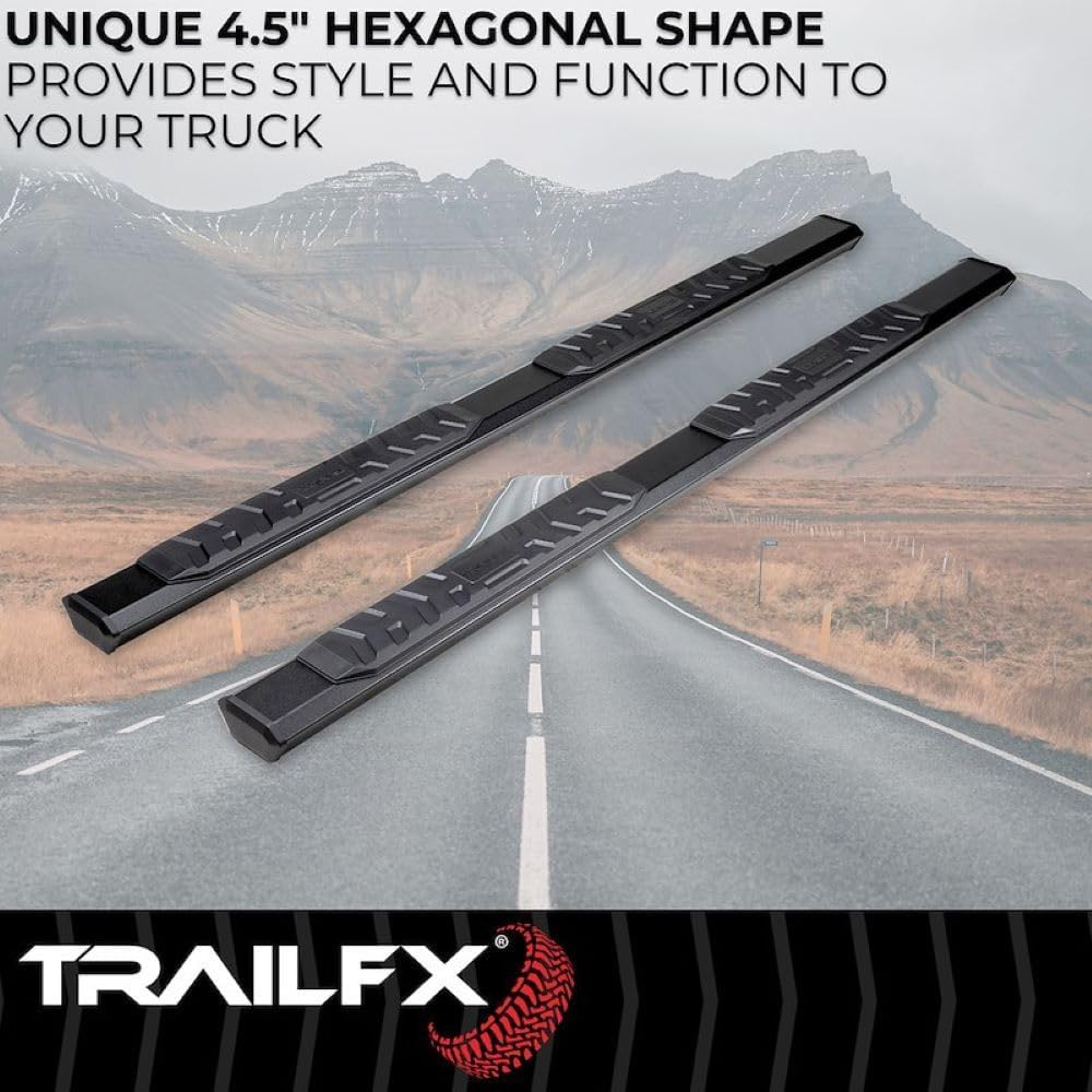 Trailfx Truck Side Step Bars Fits 2022-2025 Toyota Tundra Crew Max 4.5-Inch Hexagonal Aluminum Nerf Bars Matte Textured Black Powder Coated, Step Pads Rocker Panel Mount AL4022B