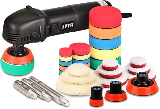 SPTA Mini Polishing Machine Buffer Rotary Polisher Auto Detailing Superpolish with 27Pcs Detail Polishing Pad Mix Size Kit Buffing Pad and 75mm ,100mm,140mm M14 Thread Extension shaft