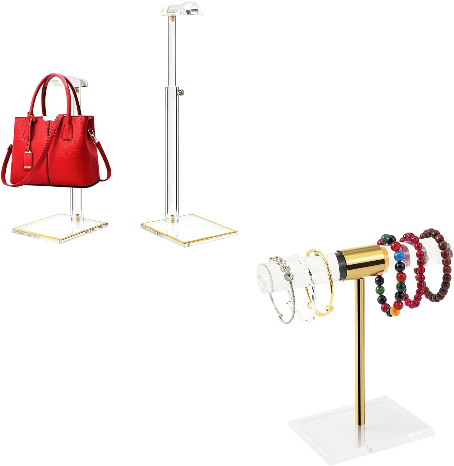 2Pcs Adjustable Purse Display Stands and T-Bar Jewelry Organizer with Stainless Rod