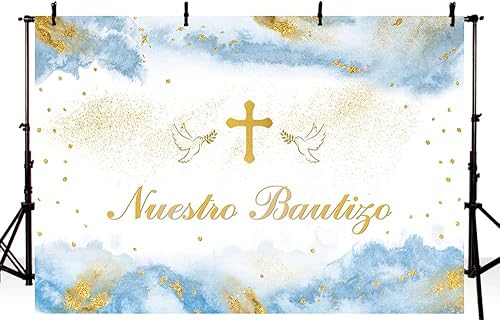 Miniatura 2 de MEHOFOND Telón de fondo Mi Bautizo de 7 x 5 pies para niños, Nuestro Bautizo, bautizo, primera comunión, Dios bendiga fotografía, fondo azul pastel,