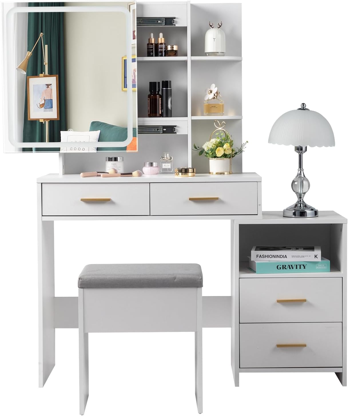 Lighted Mirror Vanity Table Set - Vanity Makeup Desk with Chair - Makeup Table with Adjustable 3-color LED Lights - Dressing Table with 4 Drawers, 2 Shelves, 1 Grid, 1 Sliding Mirror Cabinet - White