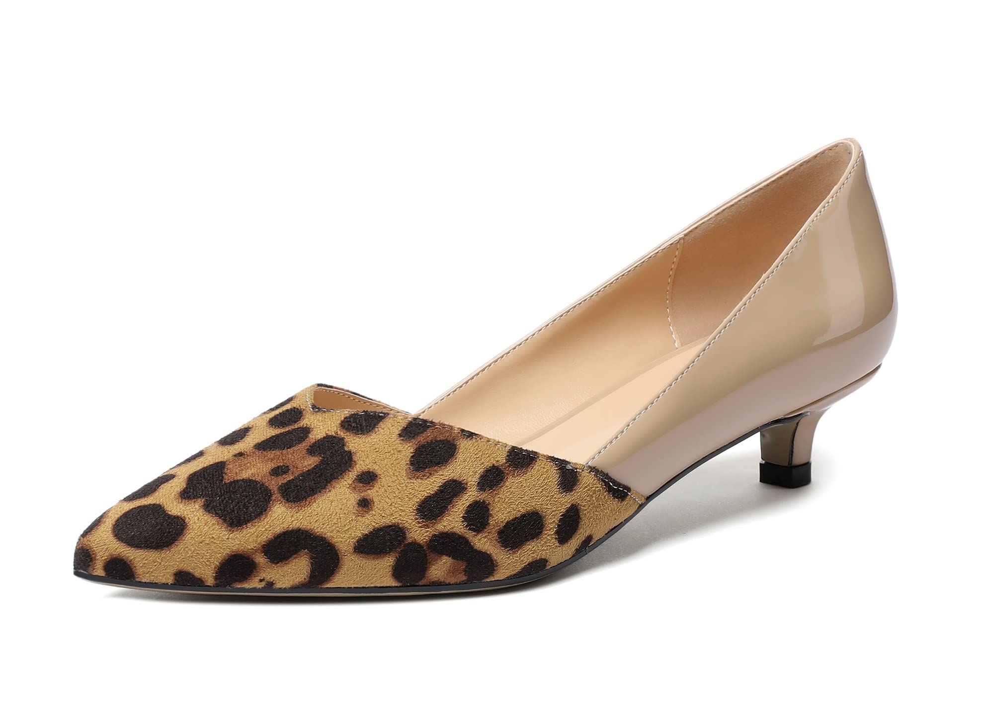 Women's Low Heels, Pointed Toe D'Orsay Heels, Slip On Cut Out Kitten Heel Pumps, Comfortable 1.4 Inches Shoes for Dress Party Wedding, Leopard Beige, 9