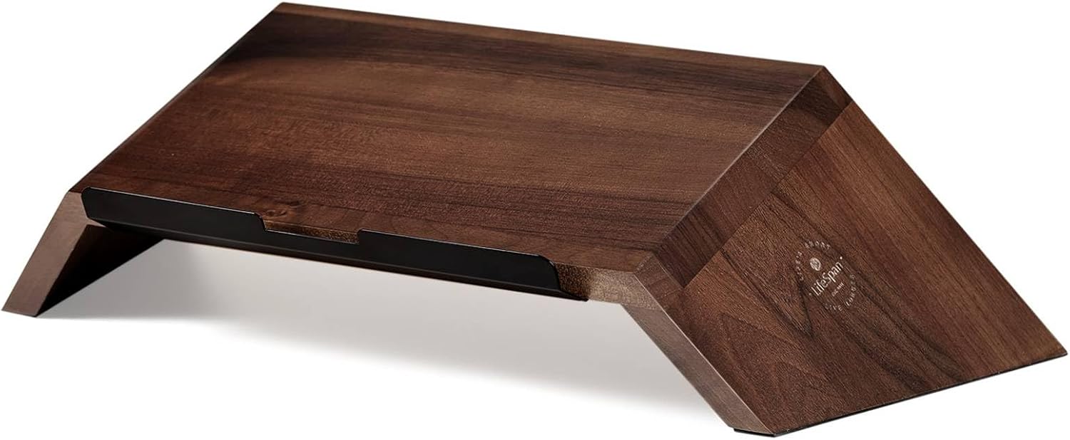 LifeSpan Fitness Ergonomic Wooden Laptop Stand, Desk Riser for 10-17.5" Laptops (19x9.5x3-6", Walnut)