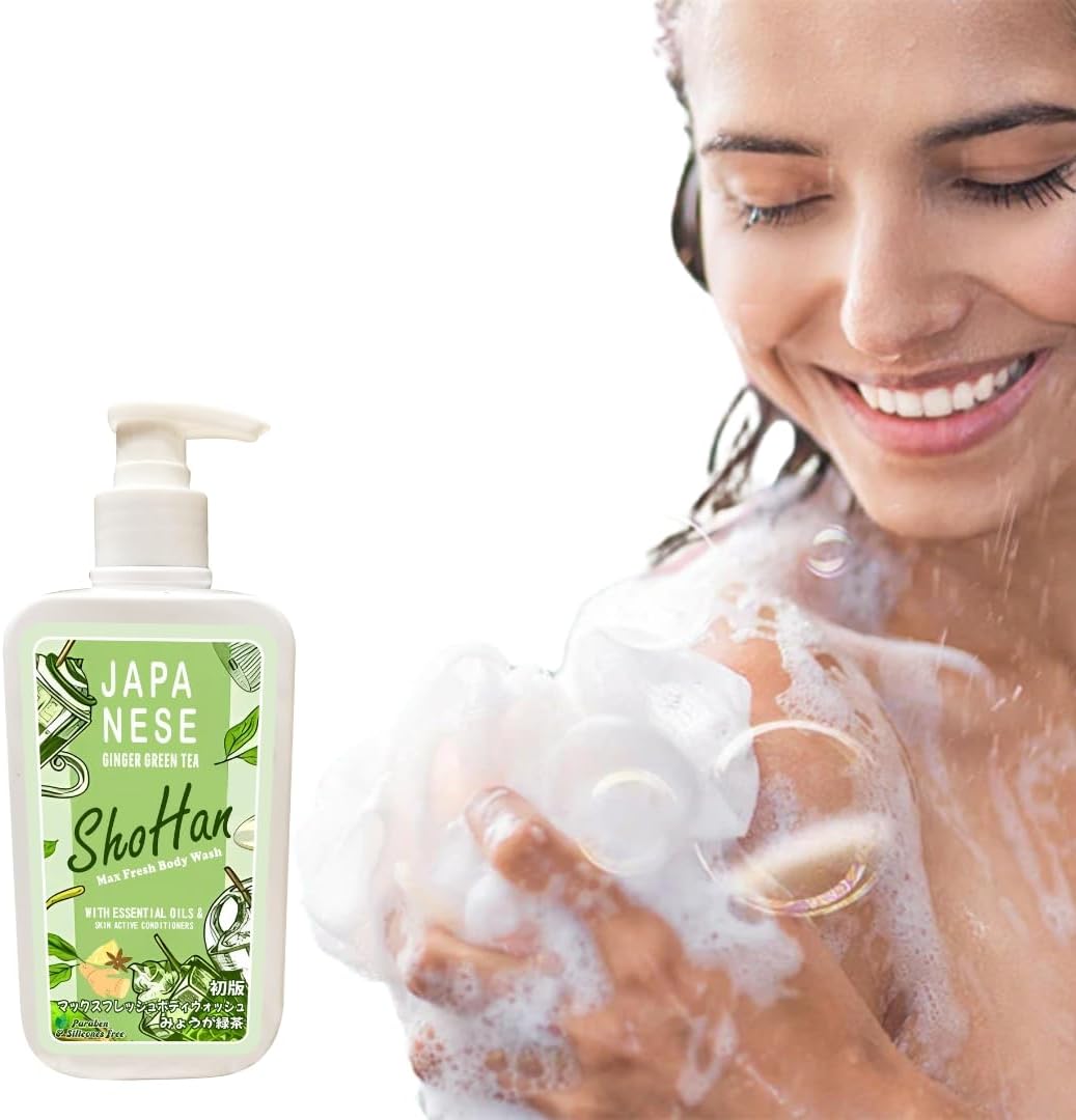 Ginger Green Tea Body Wash - Premium 24 Hour Fragrance Body Wash Shower Gel for Women with Japanese Technology, Excellent Foaming, Leaves Skin Soft and Smooth, Reduces Tan, Shower Gel for Women & Mustache Face Wash for Men, Gentle Face Wash Woman with Glycerine for skin care. Does Not dry skin. No Parabens. Dtan